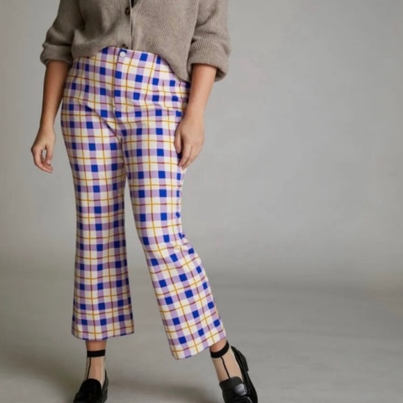Anthropologie NWOT Maeve Susanna Flare Pants Medium Petite Crop Purple Plaid - Picture 6 of 16